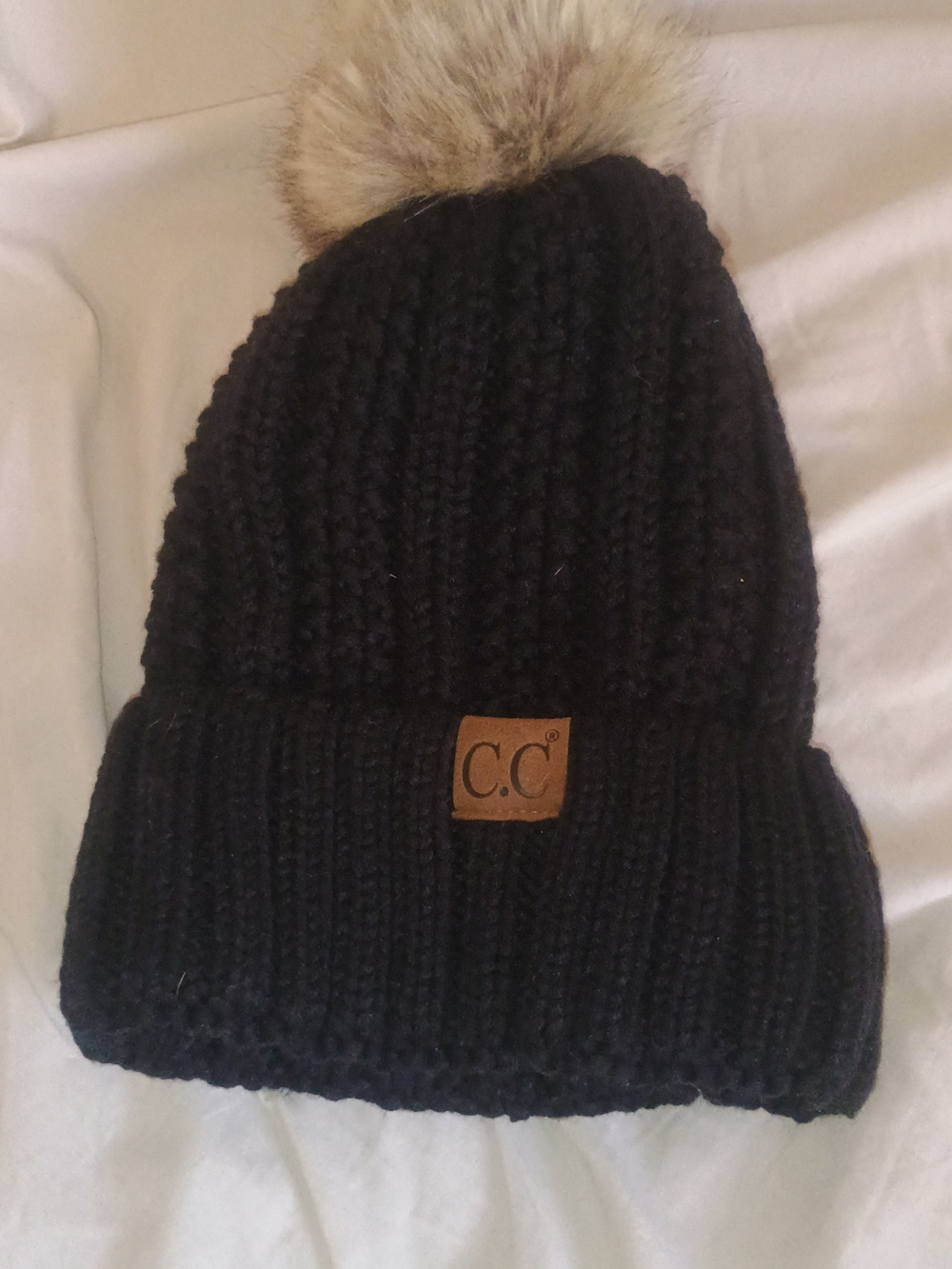 C.C Black Knit Beanie with Pom Accent